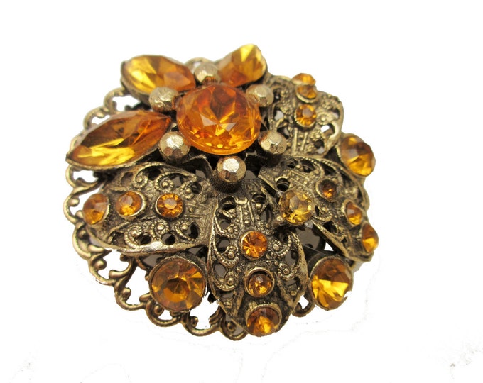 Orange Rhinestone Brooch Flower - Amber Gold Filigree - Mid Century pin