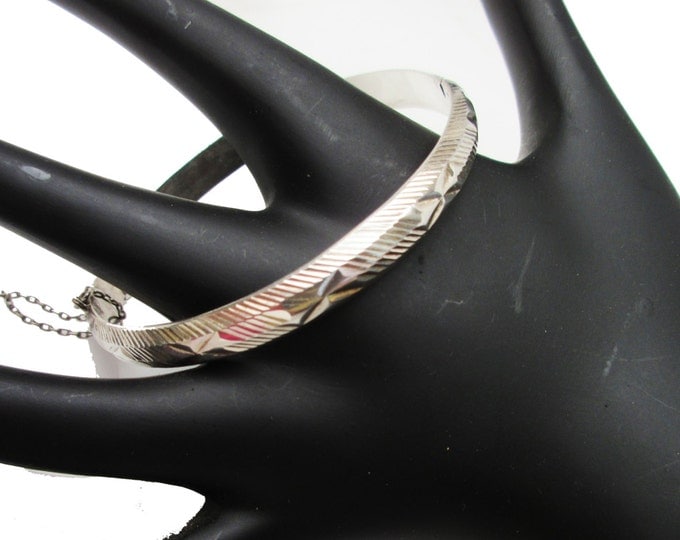 Sterling Silver Bracelet - Hinge Bangle - etched floral design - safety chain