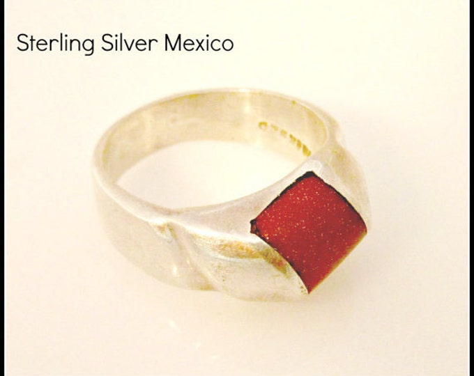 Sterling ring - Silver 925 - Red sparle Gold stone - Taxco Mexico - size 10 - modernistic