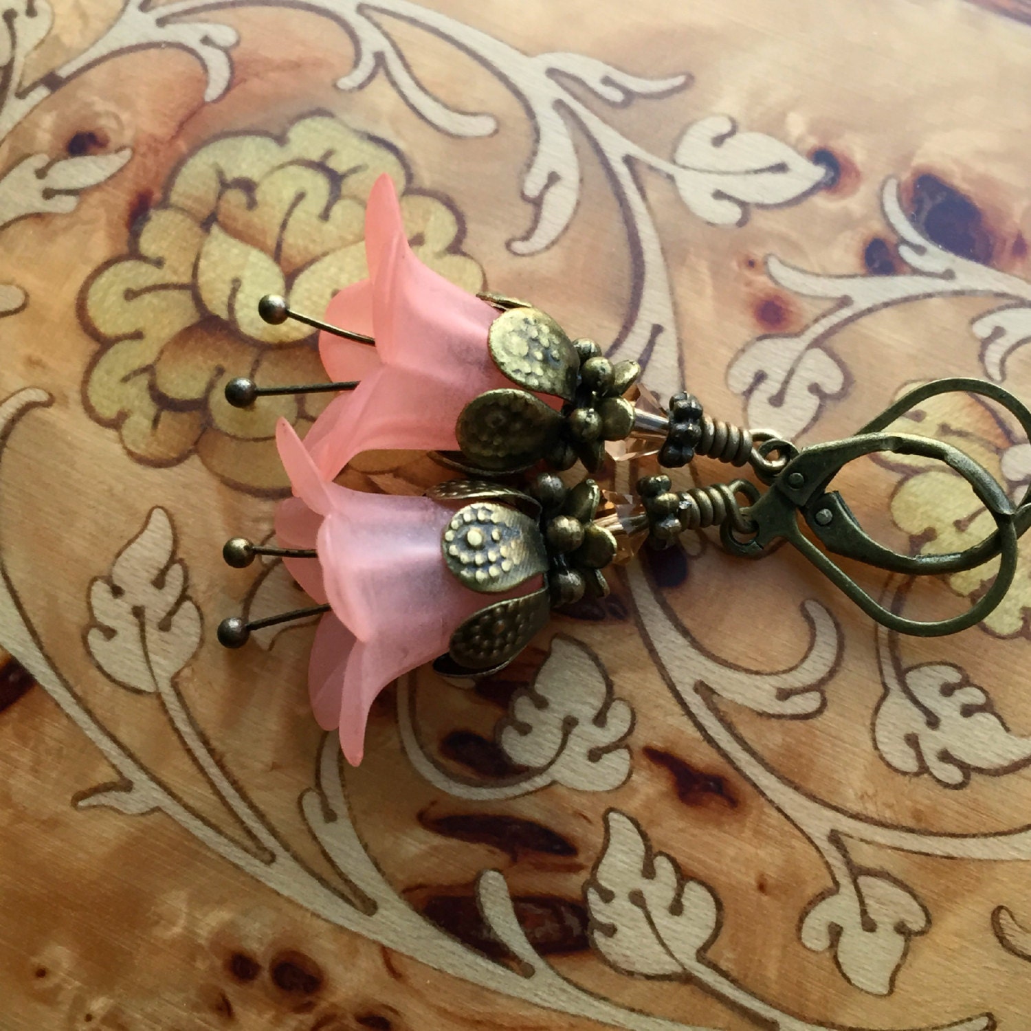 Wild Flower Earrings Lucite Flower Brass Earrings by RubysCharms