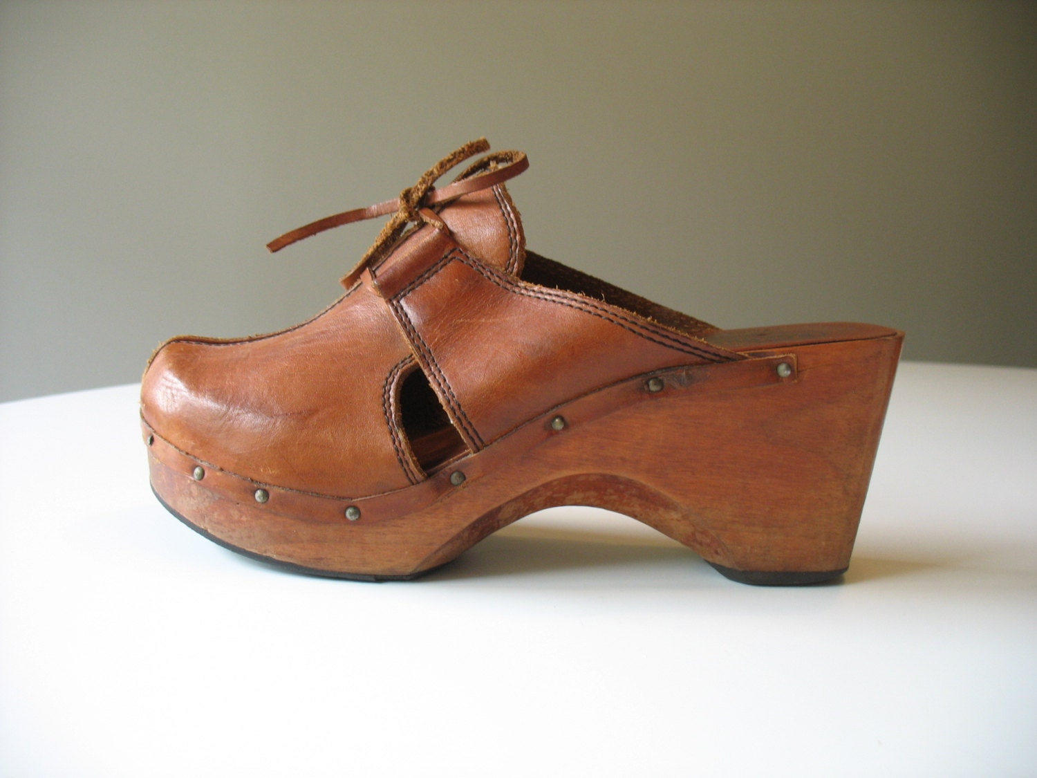 Vintage Wood Clogs 70s Platform Clogs Leather and Wood