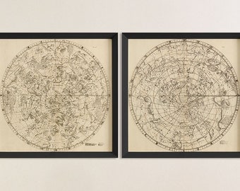 Old Constellation Map Art Print 1729 Antique Map Archival Reproduction - Northern and Southern Hemispheres - Set of 2 Prints or Individually