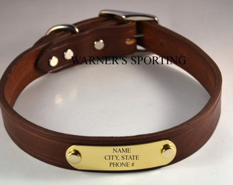 Warner Cumberland Brand leather dog collar with free brass id tag USA