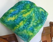 Square silk scarf hand dyed green, blue and yellow, abstract peacock feathers, ready to ship #409