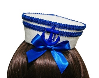 Sweet Royal Blue Striped Bow and Anchor Mini Sailor Hat