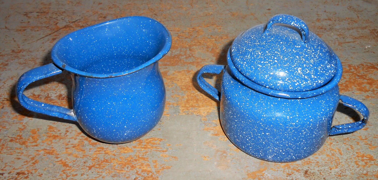 Vintage Sugar Bowl & Creamer Set, Enamel, Blue, Country, Primitive