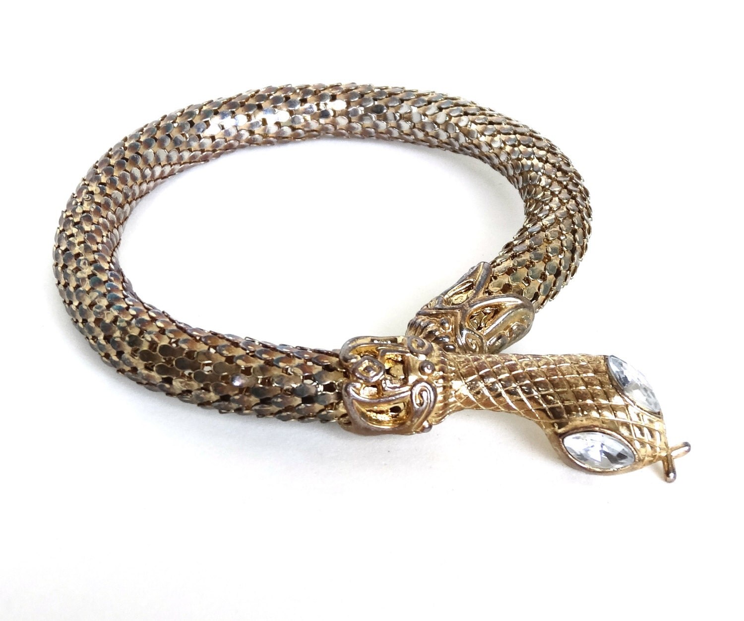 Vintage SNAKE Bracelet Upper Arm Cuff Gold Mesh Coil w Clear