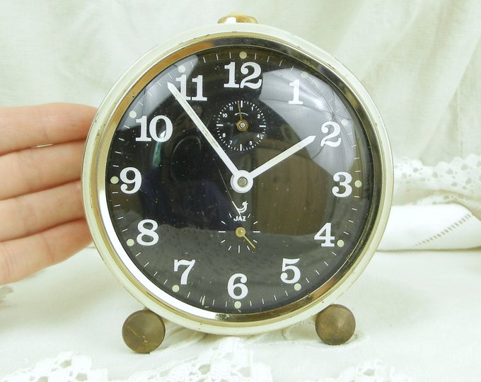 Working 1960s Mid Century Vintage French Jaz Mechanical Wind Up Alarm Clock White with Black Clock Face, Retro Timepiece, Bedroom Decor Working 1960s Mid Century Vintage French Jaz Mechanical Wind Up Alarm Clock White with Black Clock Face, Retro Timepiece, Bedroom Decor
