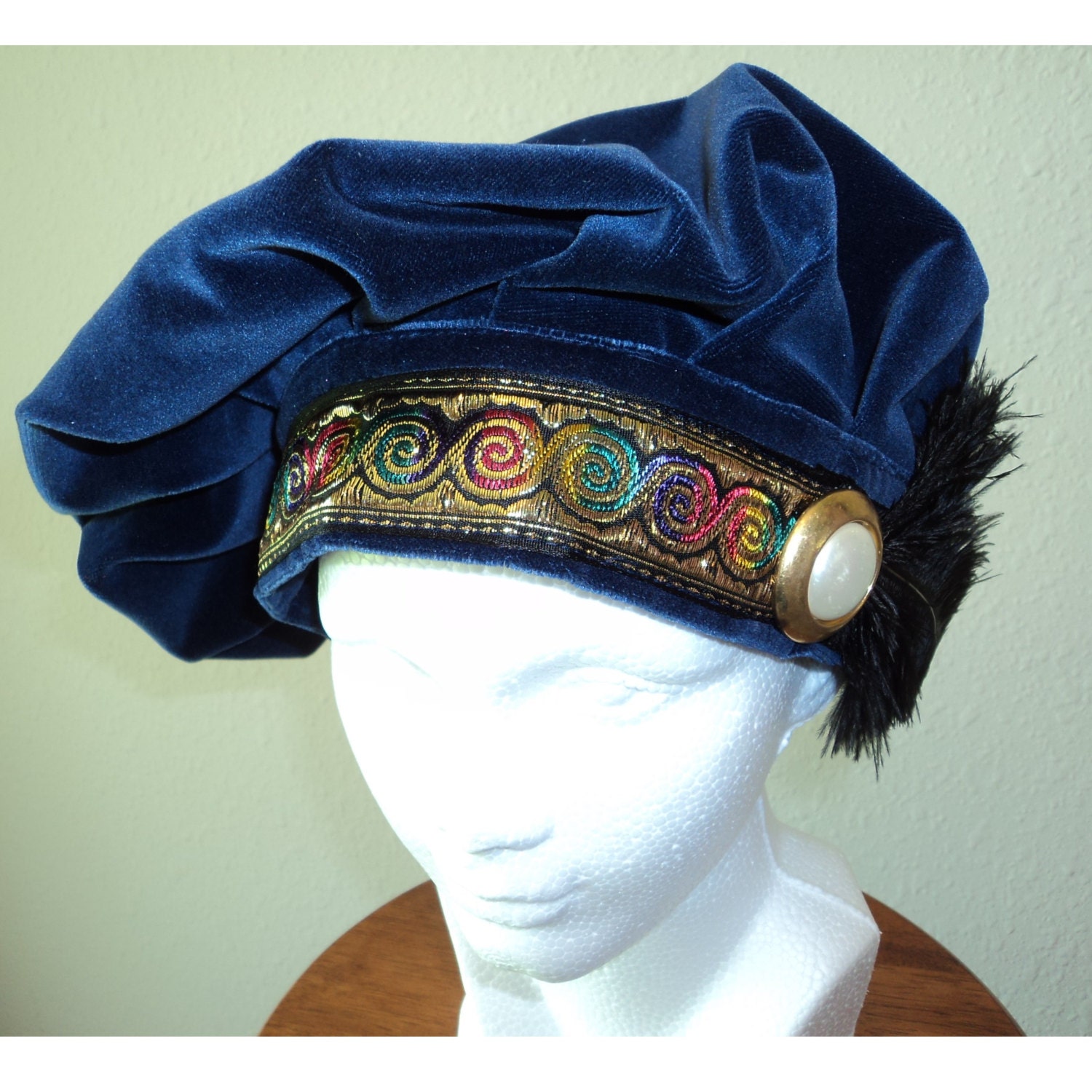 Renaisance Tudor Muffin Hat Touk Cap Blue Velvet with Feathers