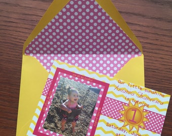 Our Little Sunshine Childrens Birthday Party Invitation, Colorful Invite for a Boy or Girl, Unique and Affordable Bday Invite with Envelope