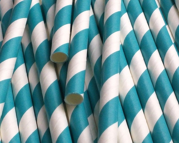 25 Turquoise (Dark Aqua) Diagonal Stripe Paper Drinking Straws - Party Decor Supplies Tableware Il_570xn