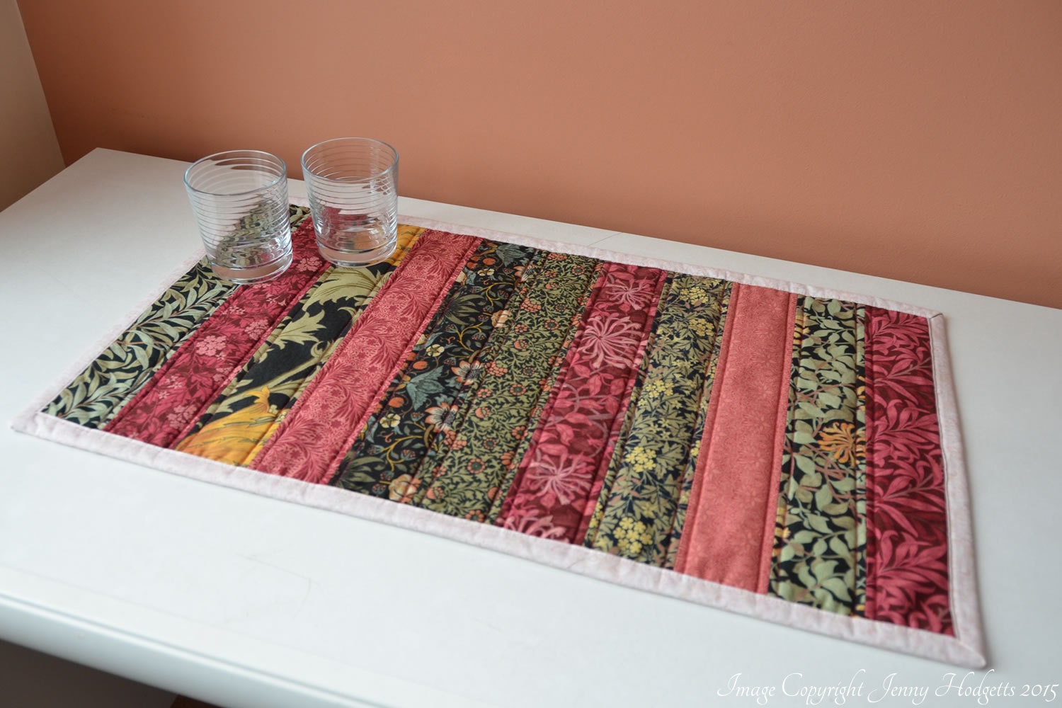 William Morris quilted table runner red and black table