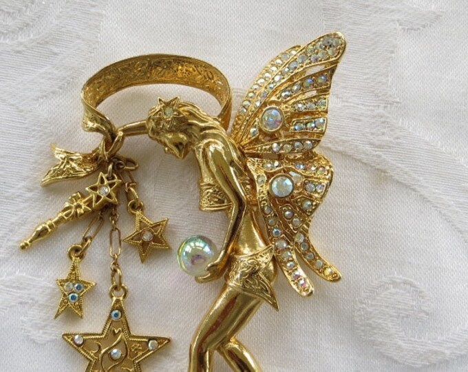 Kirks Folly Fairy Godmother Brooch Guardian Angel Crystal Ball Star Bouquet Crystal Wand Celestial Jewelry