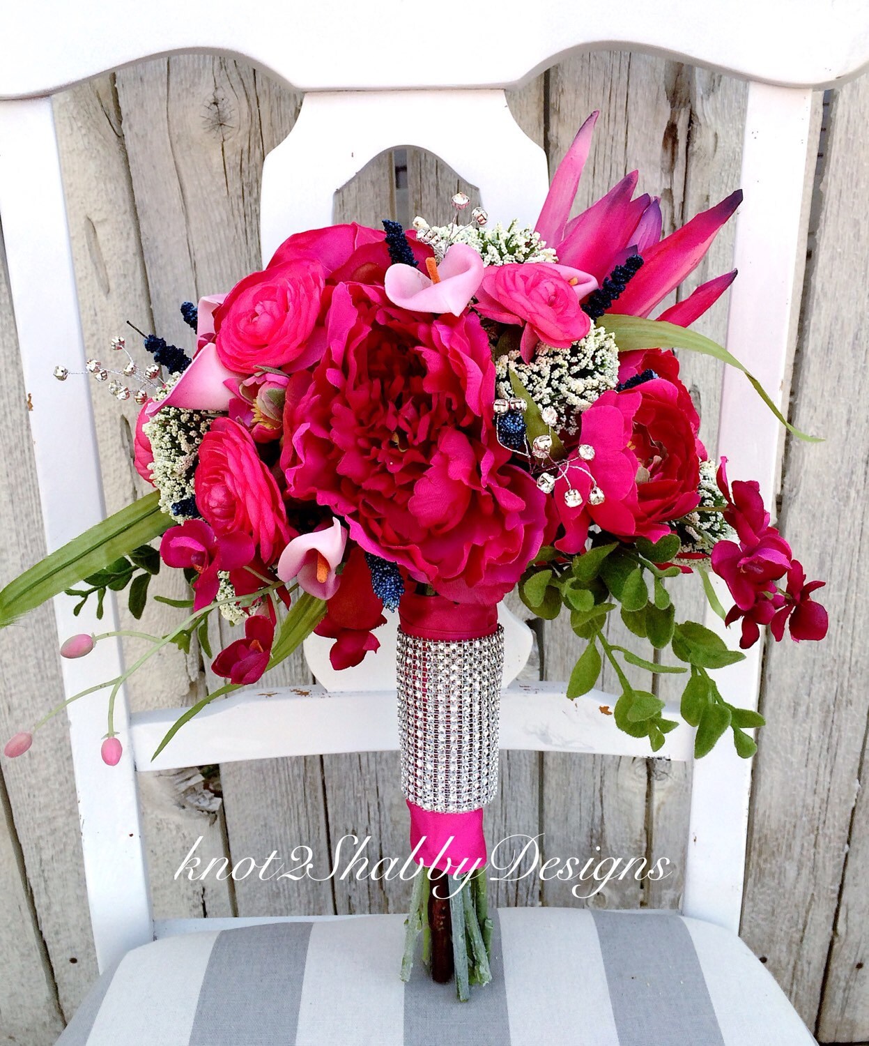 Hot pink bridal bouquet dried flowers by Knot2ShabbyDesigns