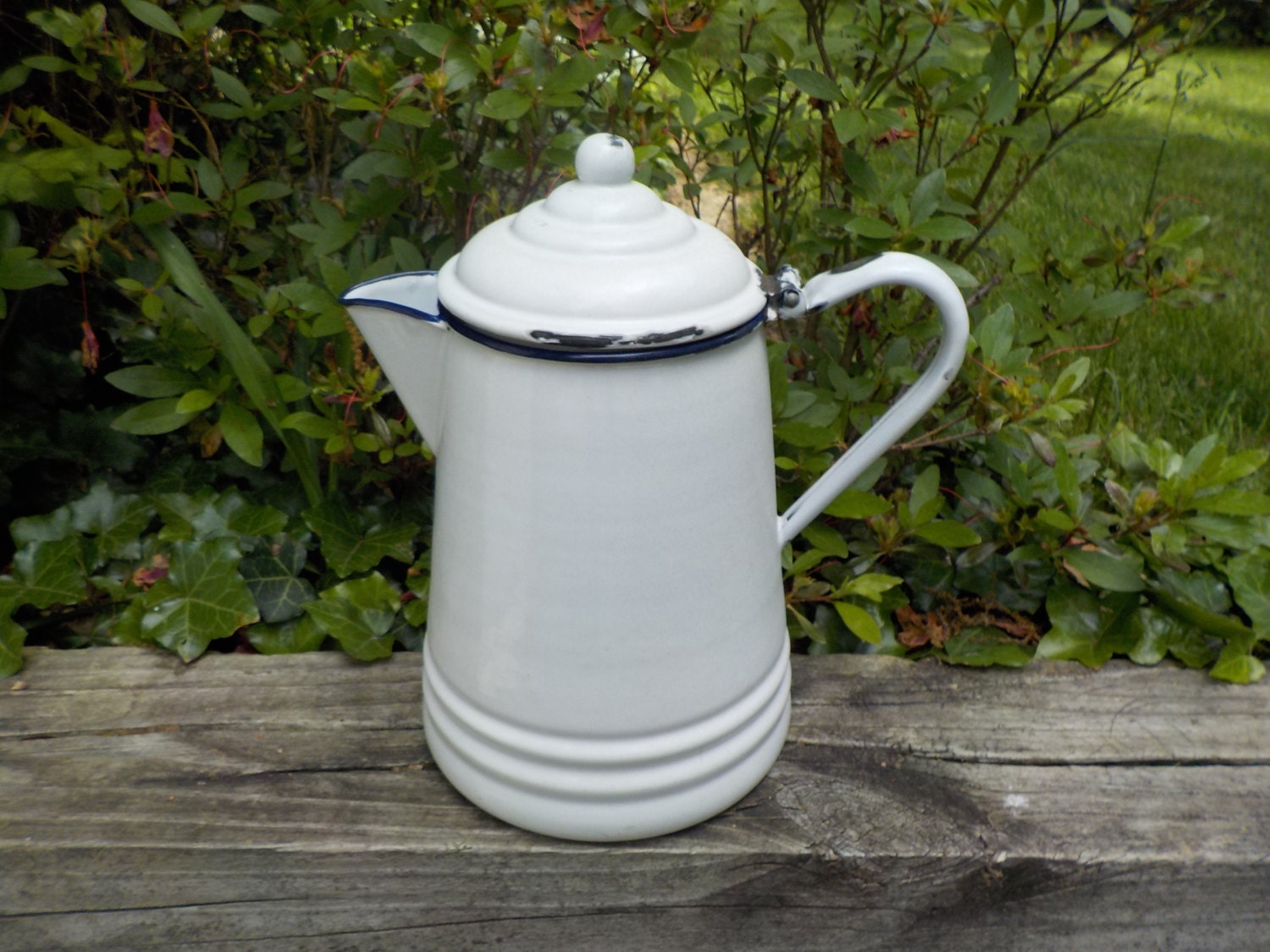 White Enamelware Coffee Pot Blue Trim Hinged Lid Large
