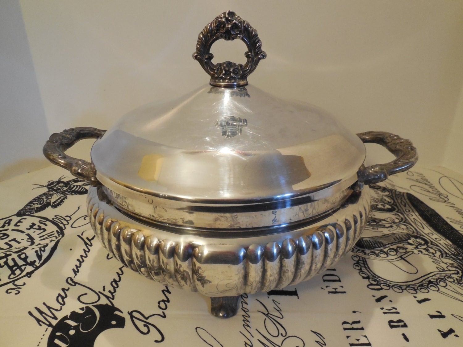 Ornate Silverplate Covered Serving Bowl, Vintage Footed Silver Plate
