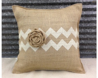 Burlap Pillow with Chevron and a burlap Rose - COMPLETE pillow