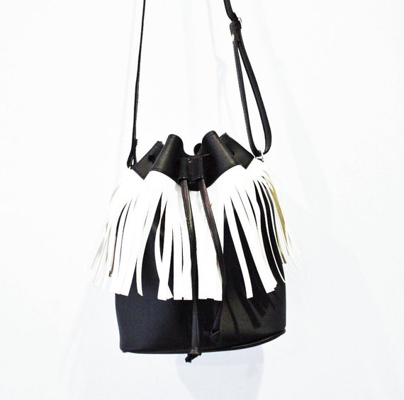 Black & White Boho Fringe Bucket Bag Faux Leather Handbag