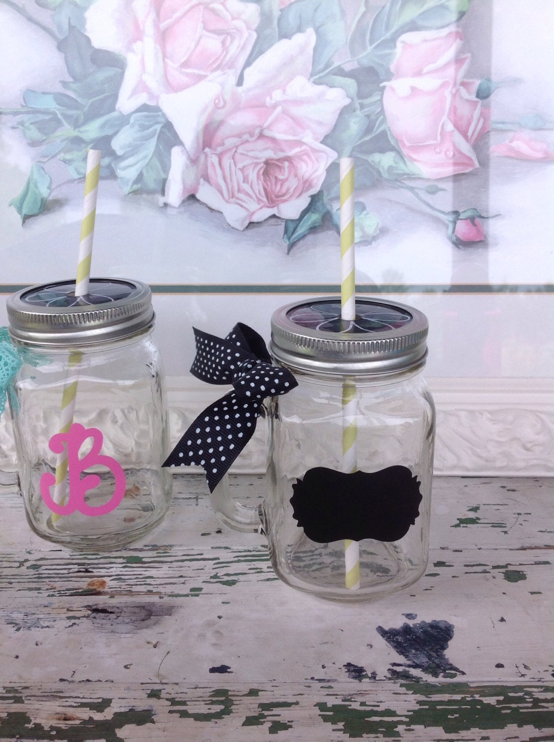 Personalized Mason Jars With Decorative Lid And Straw