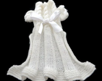 Dog clothes, Knitted girl dog dress, cat dress in white, Baby Pink, Lemon or Mint Green with a White satin bow trim.