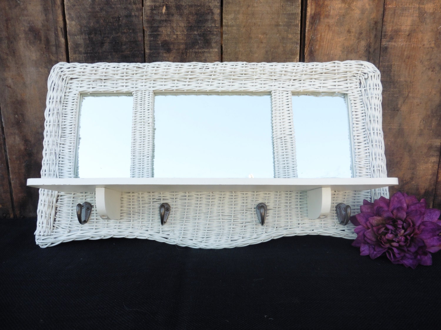 Vintage White Wicker Rattan Wall Mirror and by RusticBoardwalk