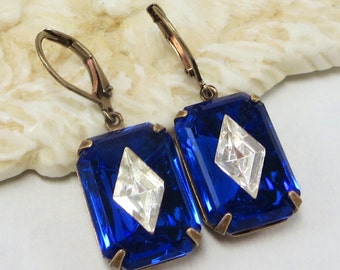 Sapphire Blue Art Deco Earrings RARE Vintage Glass Jewels September Birthstone