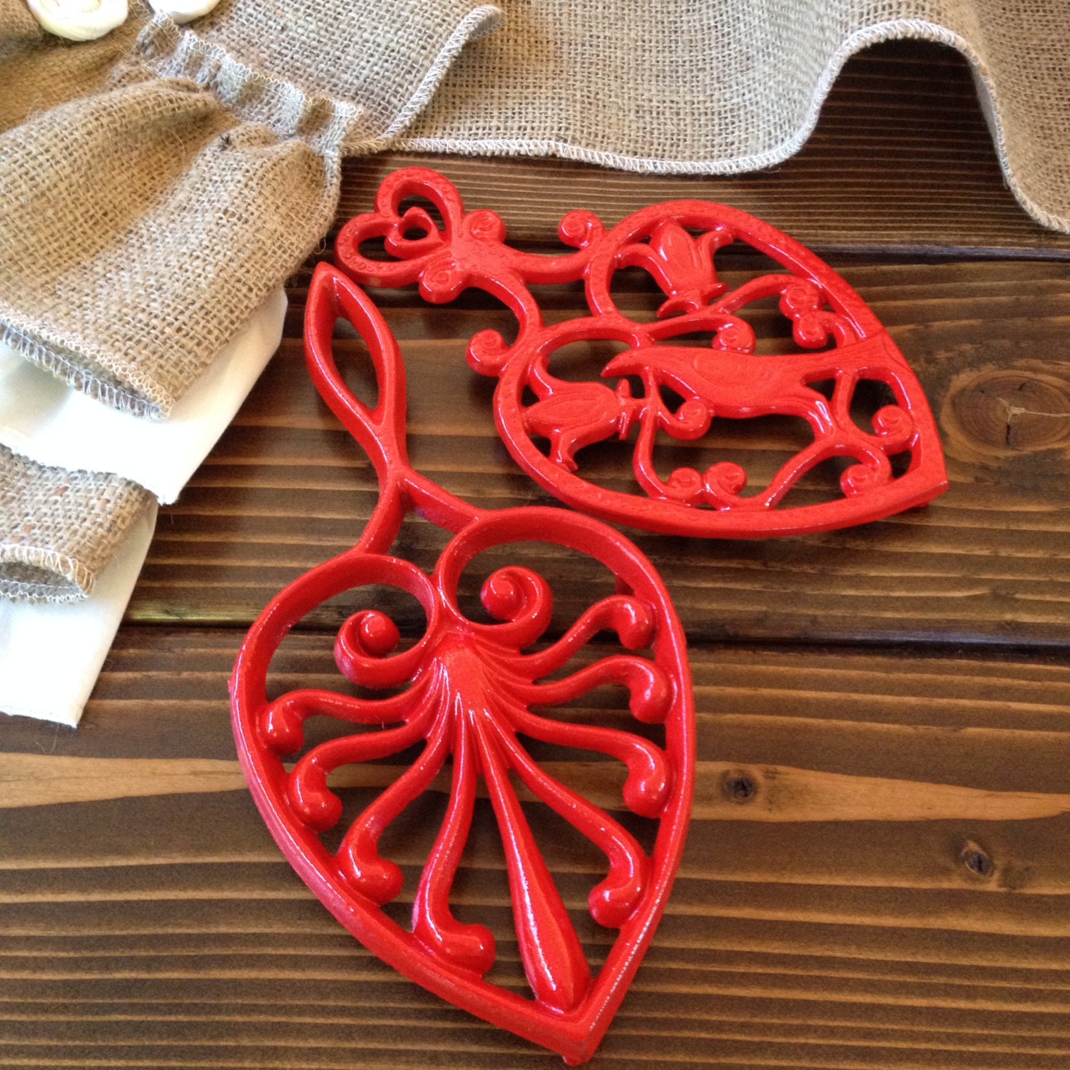 Cast Iron Red Trivet Set of 2 Heart Shaped Red by NotJustSigns