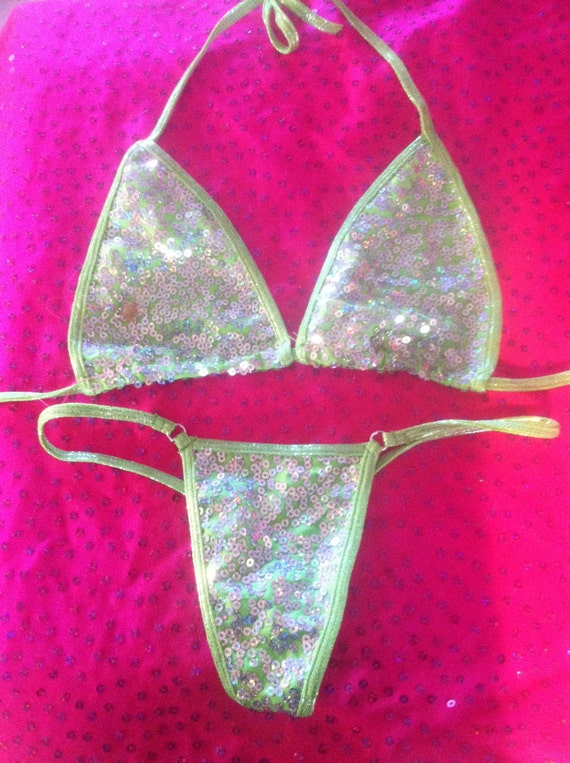 Neon green sequin g string bikini exotic by ultravixenhollywood