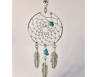 Silver dream catcher necklace with silver feather charms and turquoise bead insert silver dreamcatcher