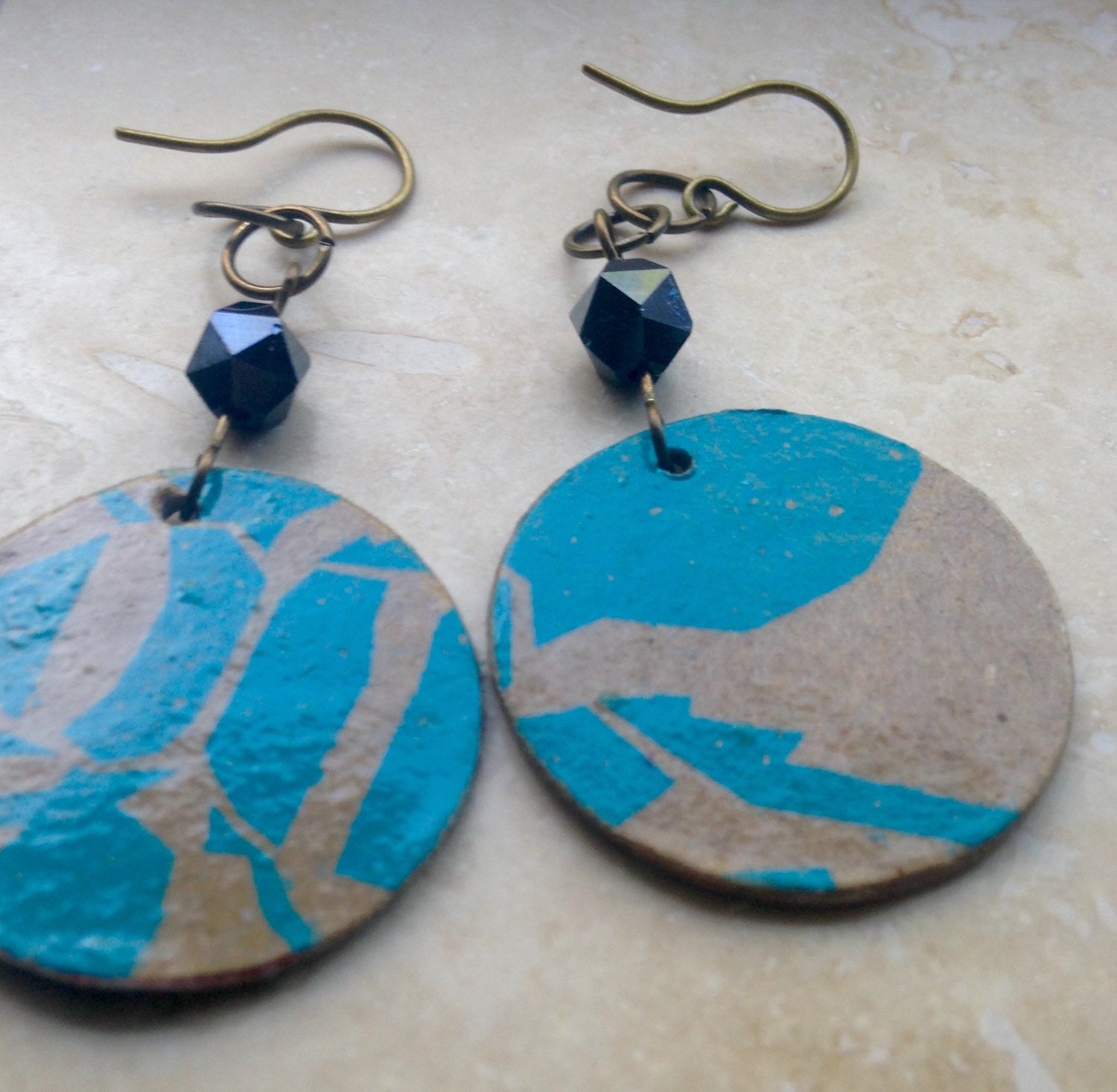 Recycled Print Paper Earrings with Navy Blue Glass Beads