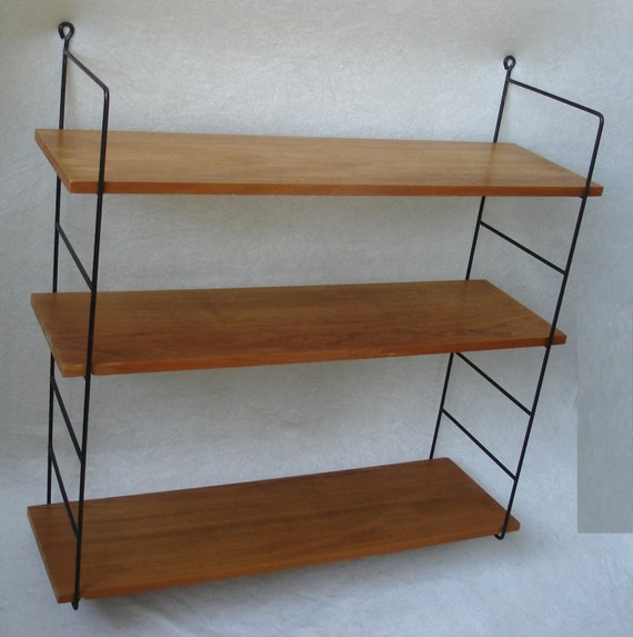 60s 70s STRING SHELF Wall Shelf 3 Levels Teak Veneer Mid