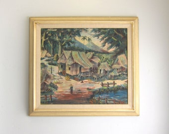 Vintage Mid Century Southeast Asian Village Framed Fabric Watercolor Painting - Tropical Village Art