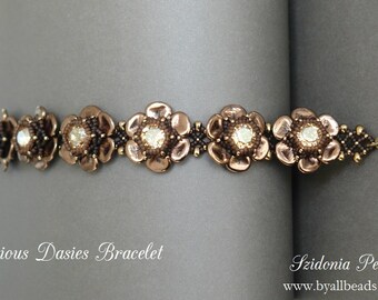 Czech Rose Petals Beaded Bracelet Tutorial - Precious Daisies Bracelet - Beading Pattern by Sidonia