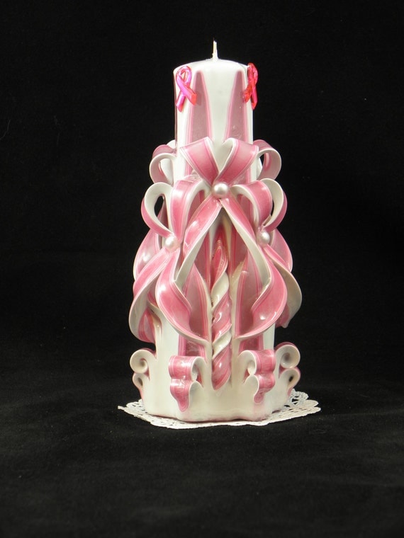 Hand Carved Candle Pink and White Double Bow Carve with Pink