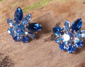 Sherman Silver Blue Crystal Rhinestones Earrings Vintage Silver Blue Earrings Jewelry Repurpose Reuse Wear