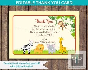 INSTANT DOWNLOAD Editable Jungle Baby Shower Thank You Card, Printable Jungle Thank You Card, Editable Safari Thank You Card, Baby Shower