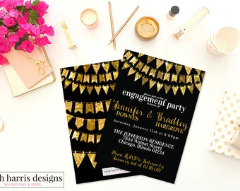 Golden Flags Engagement Party Invitation: black, gold, glitter elements, digital, printable, back design included - #076
