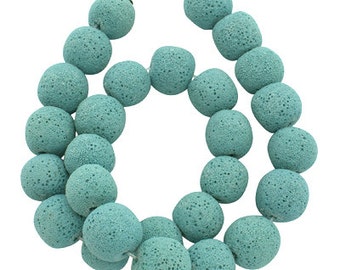 10mm Aqua Dyed Lava Volcanic Stone 16 Inch Strand. 34 Beads for Essential Oils and Mala Bead Bracelets and Necklaces
