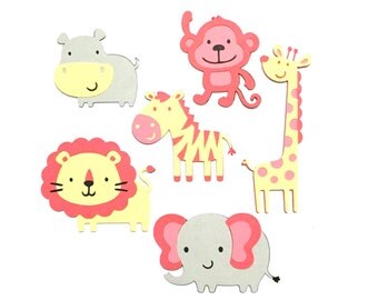 Set of 6 Pink Jungle Animal Die Cuts / Girl Safari Animal Die Cut Pink Jungle Scrapbook Animals Paper Die Cut Elephant Lion Monkey Die Cut