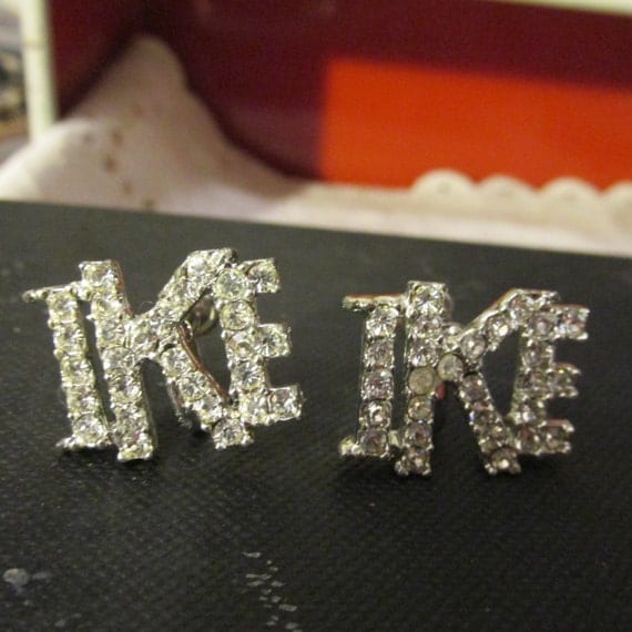Estate Vintage Rhinestone Screw Back EARRINGS Marked by Maker Political Memorabilia for Dwight Eisenhower for Campaign 1950's Collectible
