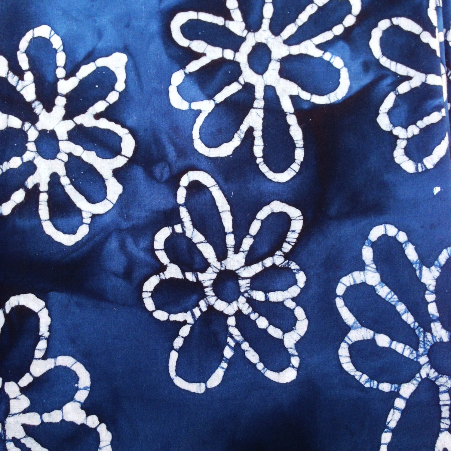 Blue and white floral batik fabric by the yard