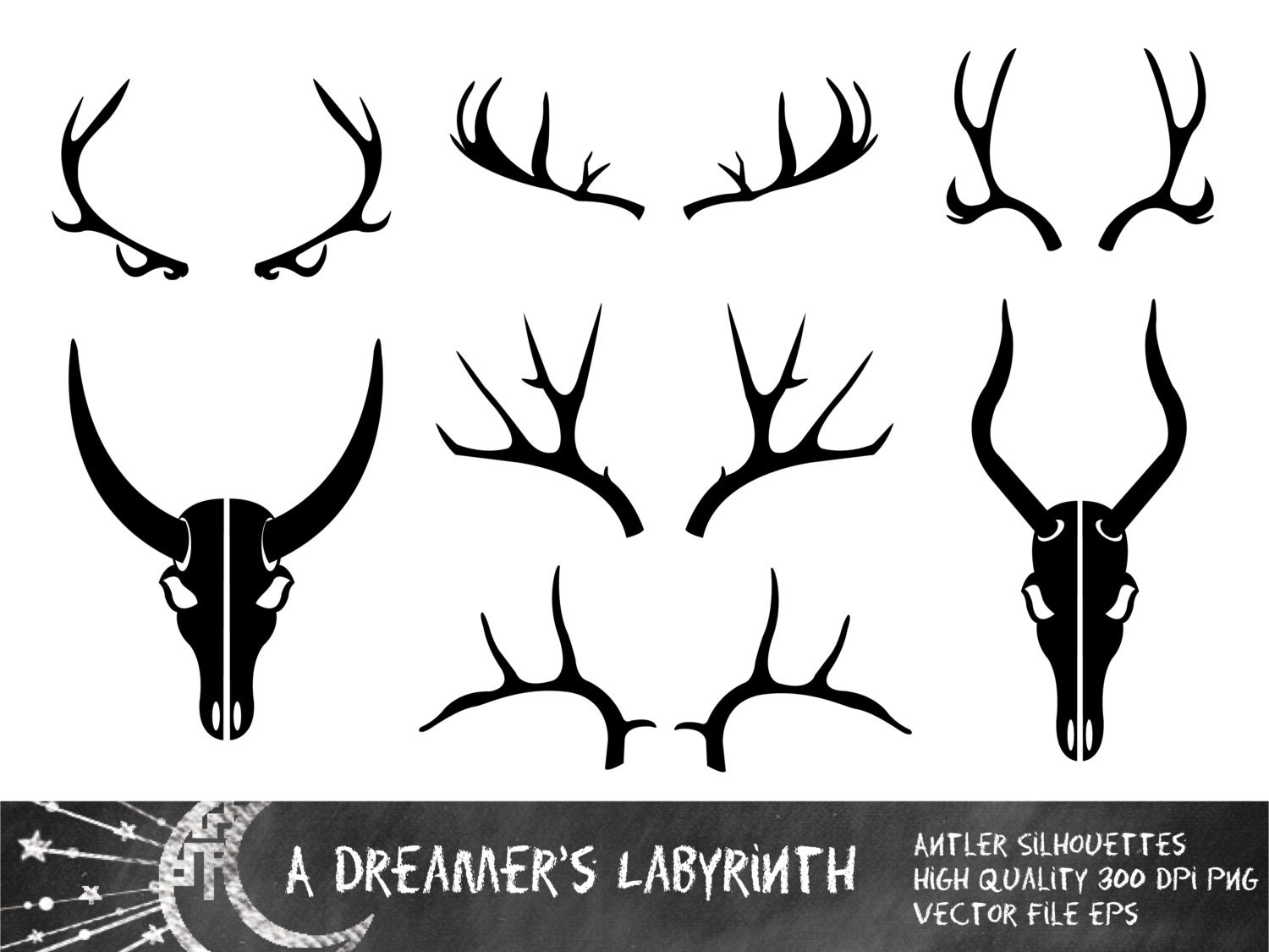 Antler Silhouettes and Outlines Digital Clip art