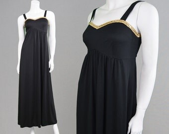 Vintage 70s Evening Dress Studio 54 Maxi Black Party Gold Sequins Empire Line Gown Vintage 70s Evening Dress Studio 54 Maxi Black Party Gold Sequins Empire Line Gown