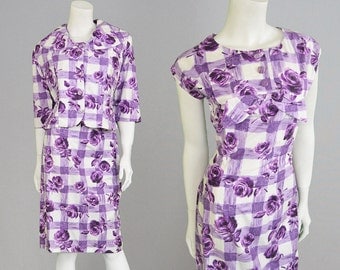 Vintage 50s Wiggle Dress & Jacket Two Piece Dress Suit Purple Floral Print Shawl Collar Checked Dress Crop Jacket 1950s Sheath Dress Pin Up
