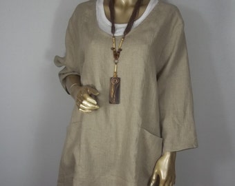 Linen tunic, lagenlook, beige, plus size, shabby chic, hankie hem, layered look, top, dress, XS-3XL. Free shipping in USA.