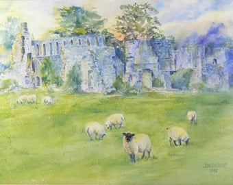 Framed Watercolor Landscape Painting Sheep by English Castle Ruins by Jode Gilbert