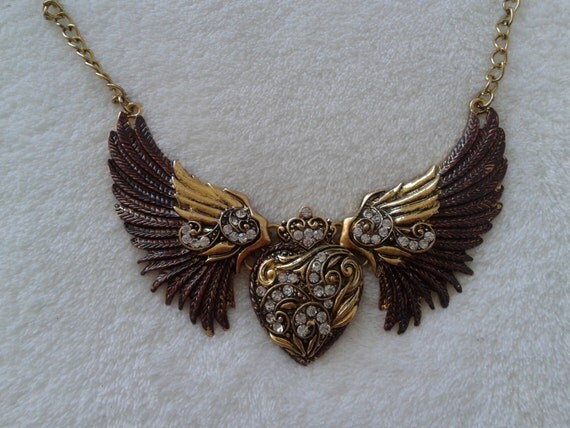 Items similar to Brown Angel wings heart crystal rhinestone choker bib ...