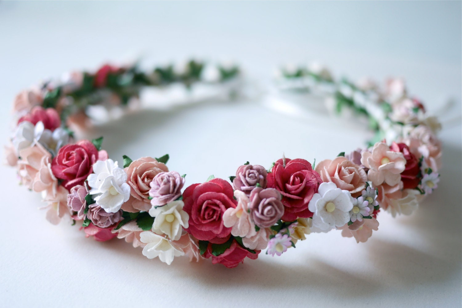 Paper Flower Headband Crown Circle wild 20 cm. ribbons