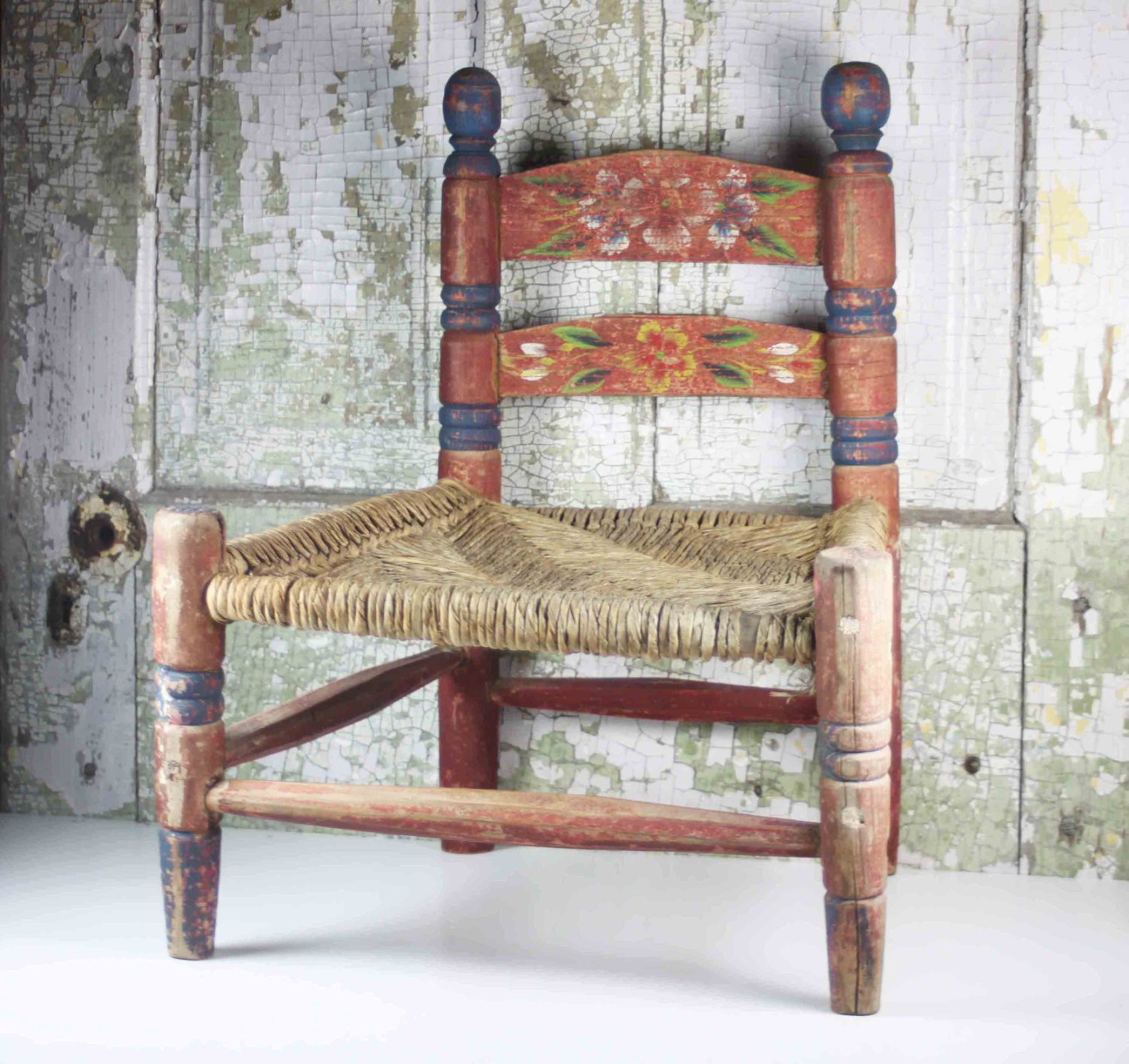 Vintage Hand Painted Child's Chair with Woven Wicker Seat