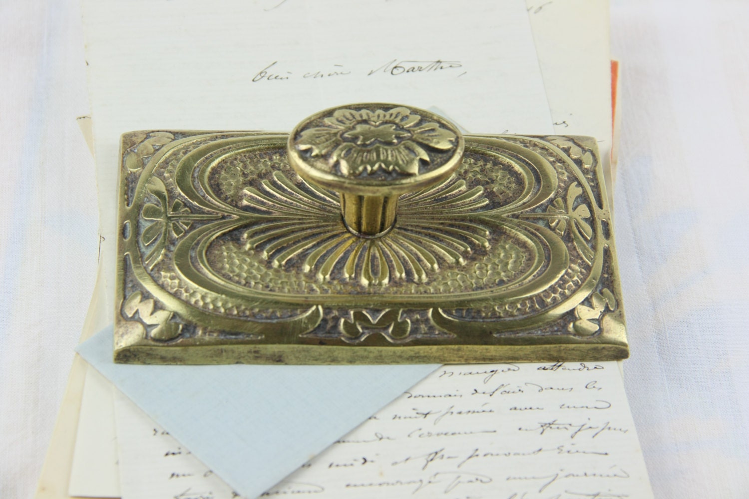 Antique Brass Paper Weight. Knob Handled Metal Art Deco Heavy